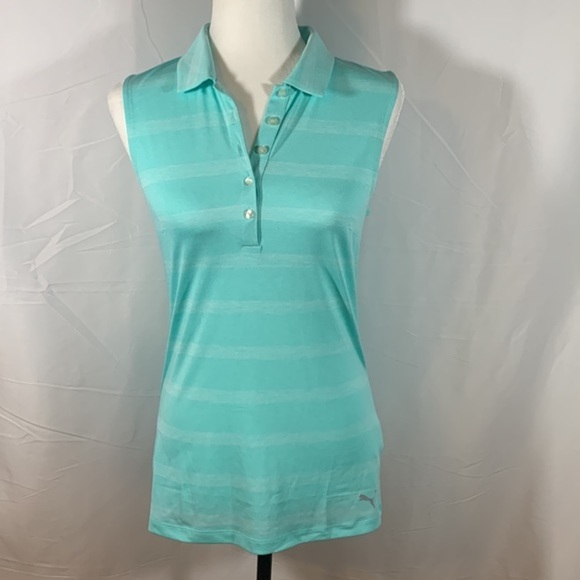 Puma Golf Pounce Blue & White Striped Sleeve Polo Tank Top - Picture 1 of 10